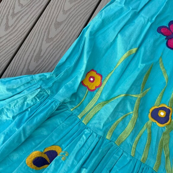 Vintage 70s Ramona Rull Dress, Cat Graphic Flowers MuMu One Size Blue - Picture 3 of 10